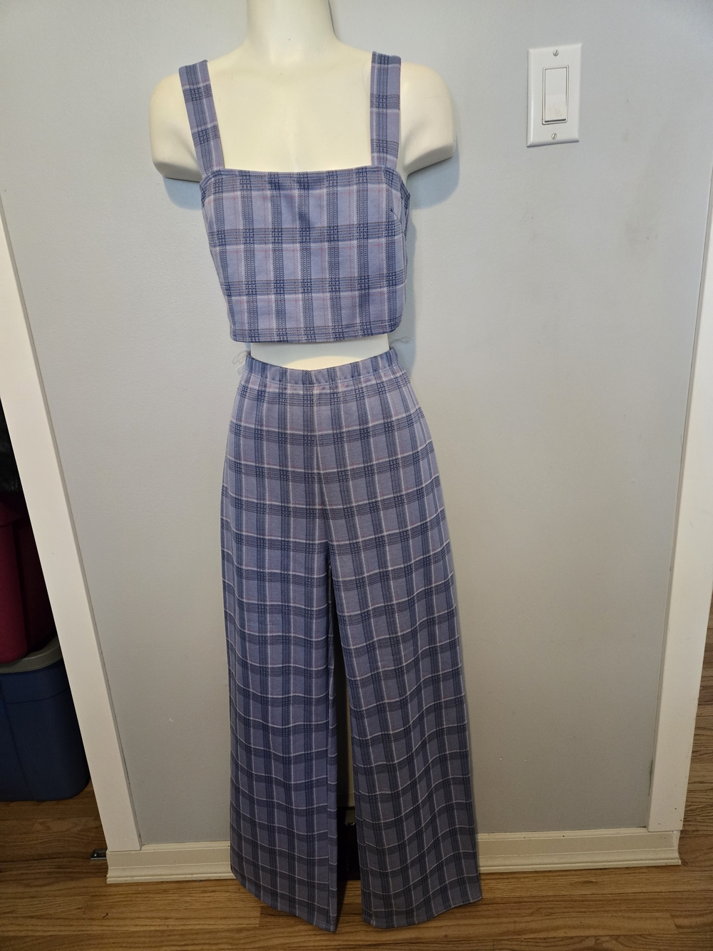 Plaid Wide-Leg Crop Top and Pants Set - Lavender